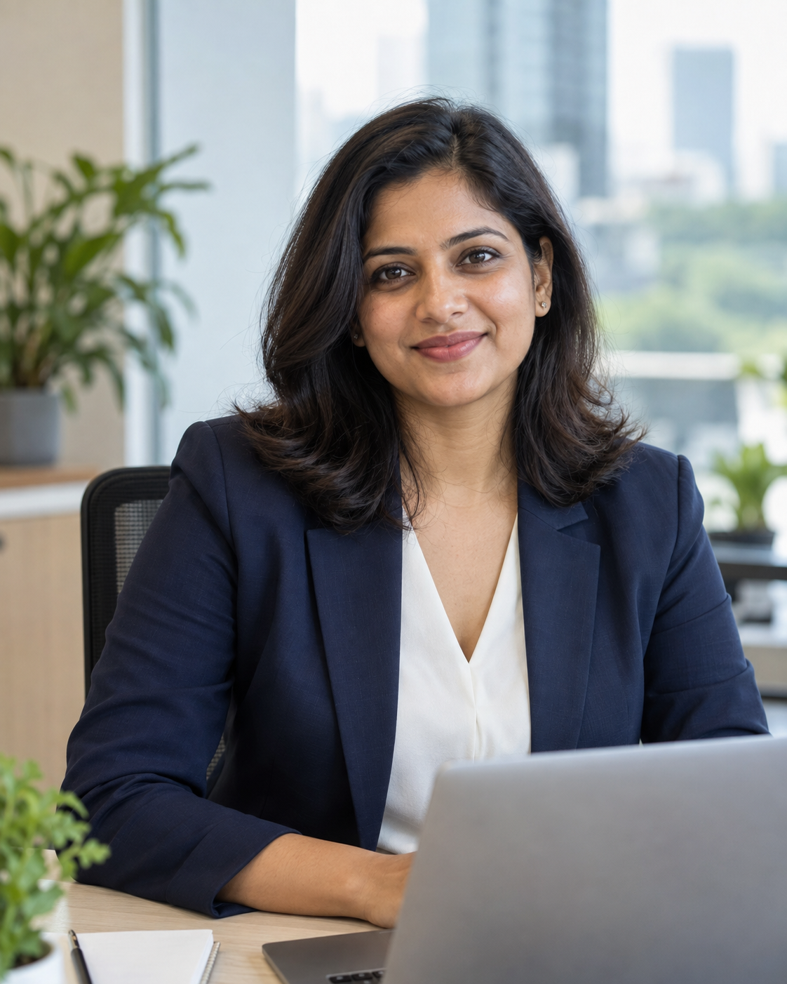 Illustrative portrait of an Indian professional in a bright office